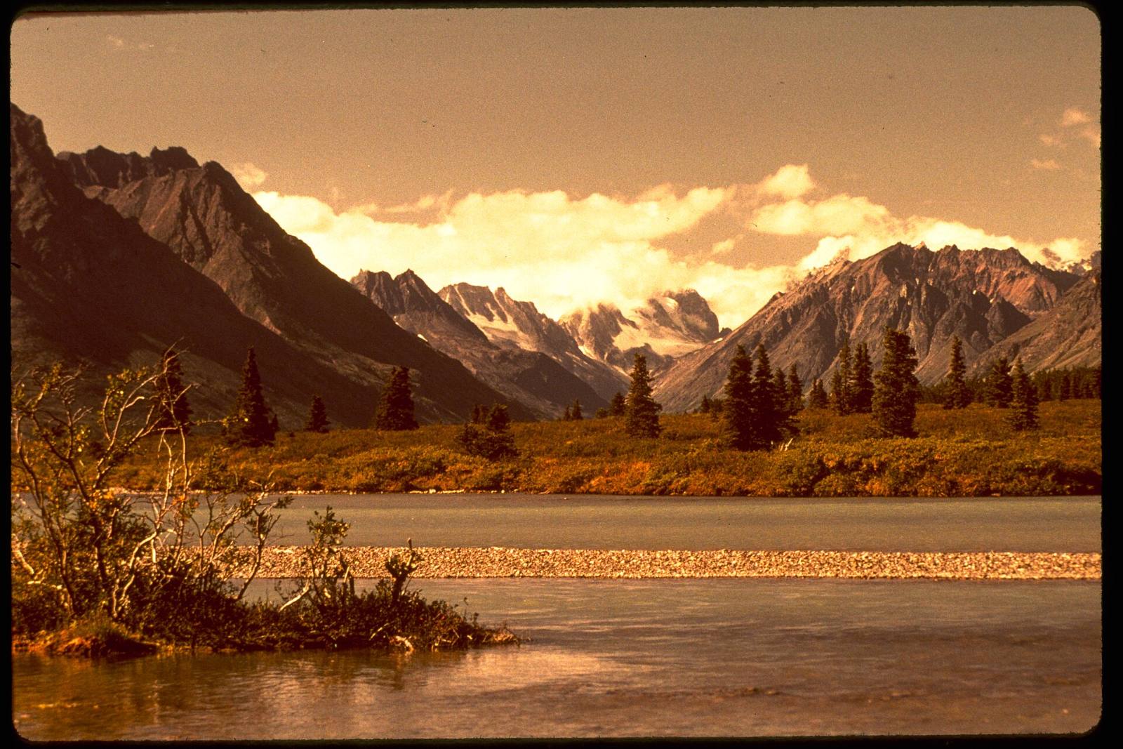 Mountains above the lakeshore at sunset, Lake Clark