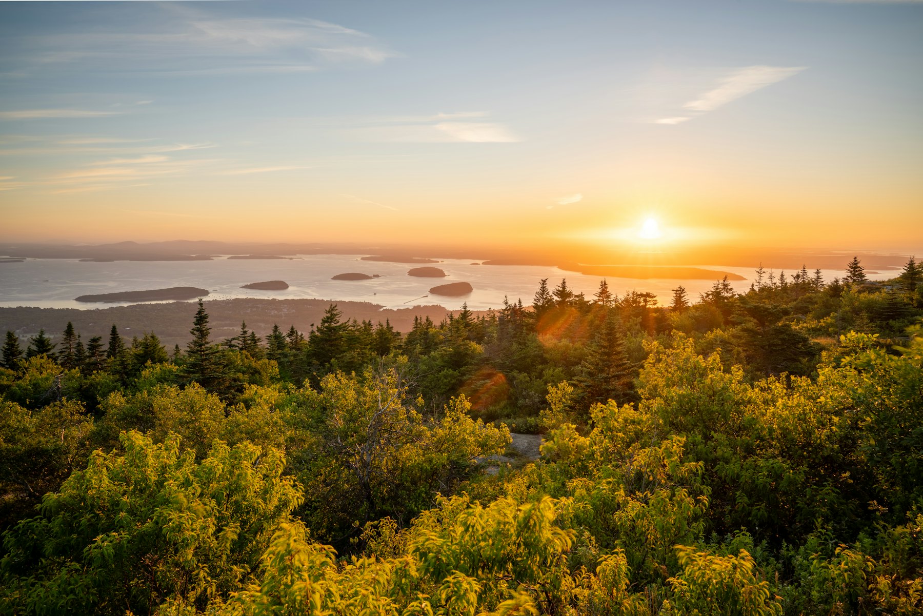 Sunrise over islands from the summit of Cadillac Mountain
